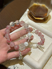 Rhodonite Snowflake Phantom Quartz Rose Quartz Clear Azeztulite Quartz Beaded Crystal Bracelet 12-14mm