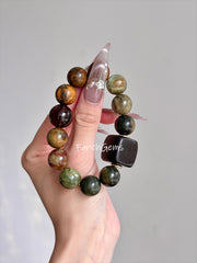 Serpentine Jade Smoky Quartz Sandalwood Beaded Crystal Bracelet 14+20mm