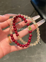 Double Wrap Cinnabar Citrine Azeztulite Quartz Beaded Crystal Bracelet 6mm