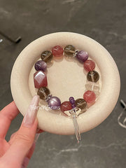 Strawberry Quartz Lepidolite Amethyst Smoky Quartz Clear Quartz Beaded Crystal Bracelet 14mm