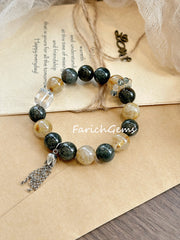 Golden Rutilated Quartz Green Rutilated Quartz Clear Quartz Beaded Crystal Bracelet 12+4.5+10mm