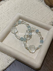 Clear Quartz Camellia Carving Aquamarine Beaded Crystal Bracelet 4+8mm