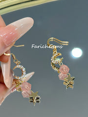 Strawberry Quartz Moon Star Shaped Copper Accessories Earring