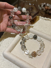 Clear Quartz Azeztulite Quartz Black Herkimer Phantom Quartz Beaded Crystal Bracelet 13-15mm