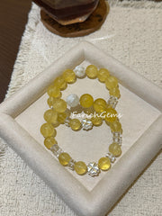 Yellow Fluorite White Snowflake Phantom Clear Quartz Beaded Crystal Bracelet 10+12mm