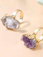 Adjustable Natural Crystal Cluster Ring, Clear Quartz/Amethyst Cluster Ring