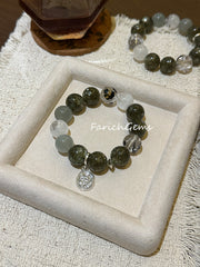 Black Herkimer Diamond Green Lepidolite White Phantom Quartz Silver Moonstone Beaded Crystal Bracelet 14+15mm