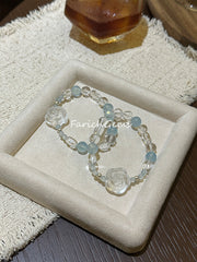 Clear Quartz Camellia Carving Aquamarine Beaded Crystal Bracelet 4+8mm