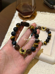 Silver Sheen Obsidian Black & Gold Super 7 Yellow Blue Tiger's Eye Stone Beaded Crystal Bracelet 6+12mm