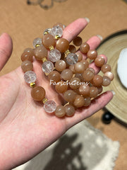 Peach Moonstone Clear Azeztulite Quartz Beaded Crystal Bracelet 11+13mm