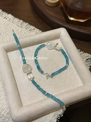 White Snowflake Phantom Quartz Blue Apatite Clear Quartz Beaded Crystal Bracelet