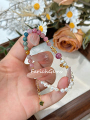 Rainbow Tourmaline Pearl Beaded Crystal Bracelet 4/6.5+4mm