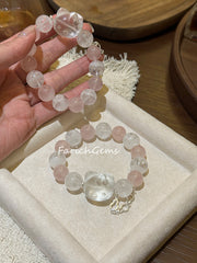 Madagascar Rose Quartz White Phantom Quartz Clear Quartz Beaded Crystal Bracelet 12+13mm