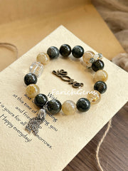 Golden Rutilated Quartz Green Rutilated Quartz Clear Quartz Beaded Crystal Bracelet 12+4.5+10mm