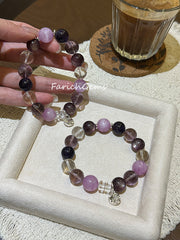 Purple Lepidolite Clear Quartz Amethyst Kunzite Beaded Crystal Bracelet 11+12mm