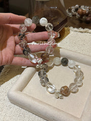 Clear Quartz Azeztulite Quartz Black Herkimer Phantom Quartz Beaded Crystal Bracelet 13-15mm