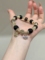 Ice+Black Obsidian Gray Agate Beaded Crystal Bracelet 10/12+10mm