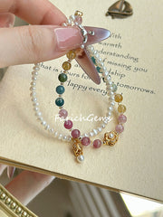 Double Wrap Rainbow Tourmaline Pearl Beaded Crystal Bracelet 4mm