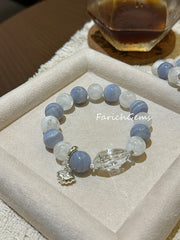 Blue Lace Agate White Snowflake Phantom Quartz Clear Quartz Beaded Crystal Bracelet 12mm