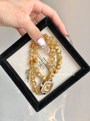 Double Wrap Tiger's Eye Stone Citrine Beaded Crystal Bracelet Watch 8-9mm