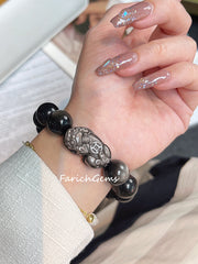 Pi Xiu Carving Silver Sheen Obsidian Beaded Crystal Bracelet 14mm