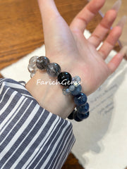 Kyanite Aquamarine Black Rutilated Quartz Obsidian Clear Azeztulite Gray Moonstone Beaded Crystal Bracelet 12+4.5mm