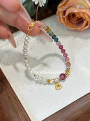 Rainbow Tourmaline Pearl Beaded Crystal Bracelet 4/6.5+4mm