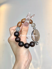 Lightning-Struck Wood Agarwood Smoky Quartz Beaded Crystal Bracelet 12+15mm