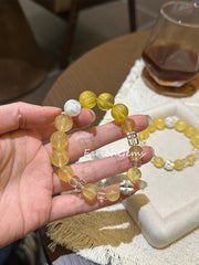 Yellow Fluorite White Snowflake Phantom Clear Quartz Beaded Crystal Bracelet 10+12mm