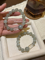 Silver Moonstone Clear Quartz Beaded Crystal Bracelet 11+14mm