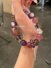 Strawberry Quartz Lepidolite Amethyst Smoky Quartz Clear Quartz Beaded Crystal Bracelet 14mm