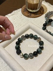Seraphinite Silver Sheen Obsidian Black Herkimer Diamond Beaded Crystal Bracelet 11-13mm