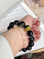 Pi Xiu Carving Silver Sheen Obsidian Beaded Crystal Bracelet 14mm