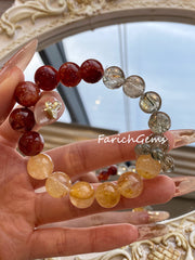 Fire+Yellow Hematoid Quartz Green Phantom Quartz Tourmalinated Quartz Beaded Crystal Bracelet 11+5.3mm