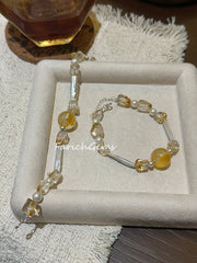 Yellow Hematoid Quartz Citrine Pearl Beaded Crystal Bracelet