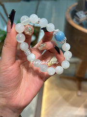 White Moonstone Aquamarine Beaded Crystal Bracelet 10+12mm