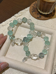 Green Fluorite Clear Quartz Azeztulite Quartz Beaded Crystal Bracelet 12-14mm
