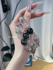 BlackPink Combo Rose Quartz Gray Moonstone Silver Obsidian Beaded Crystal Bracelet 10+12+14mm