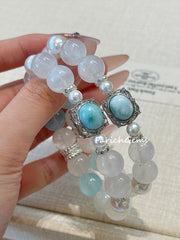 Blue Moonstone Aquamarine Larimar Beaded Crystal Bracelet 11.5+11mm