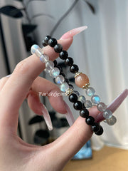 Gray Moonstone Silver Obsidian Beaded Crystal Bracelet 6+10mm