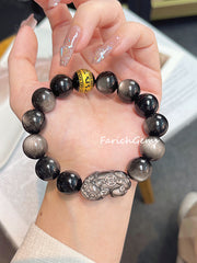 Pi Xiu Carving Silver Sheen Obsidian Beaded Crystal Bracelet 14mm