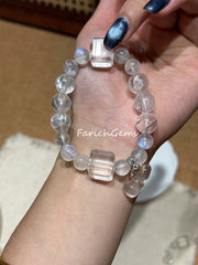 Pink Azeztulite Quartz Blue Moonstone Clear Quartz Beaded Crystal Bracelet 9+11mm