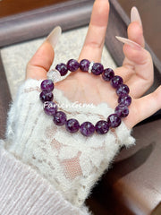 Purple Lepidolite Clear Azeztulite Quartz Beaded Crystal Bracelet 10mm