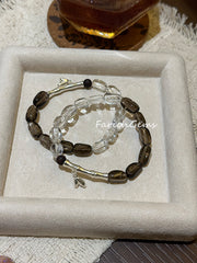 Lakawood Smoky Quartz Clear Quartz Beaded Crystal Bracelet 6+7mm