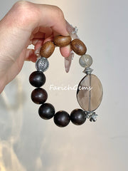 Lightning-Struck Wood Agarwood Smoky Quartz Beaded Crystal Bracelet 12+15mm