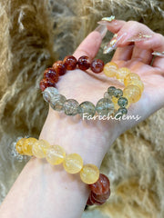 Fire+Yellow Hematoid Quartz Green Phantom Quartz Tourmalinated Quartz Beaded Crystal Bracelet 11+5.3mm