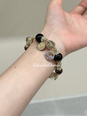 Ice+Black Obsidian Gray Agate Beaded Crystal Bracelet 10/12+10mm