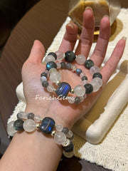 Double Wrap Blue Moonstone Labradorite Hawk's Eye Beaded Crystal Bracelet 7+12+14mm
