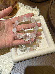 Madagascar Rose Quartz White Phantom Quartz Clear Quartz Beaded Crystal Bracelet 12+13mm