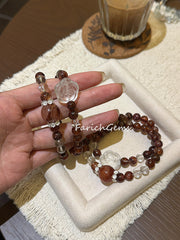 Double Wrap Fire Hematoid Quartz Clear Quartz Beaded Crystal Bracelet 7+8+15mm